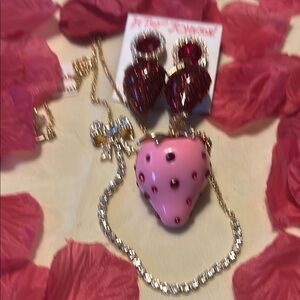 Betsey Johnson Pink Strawberry Necklace with Red Earrings